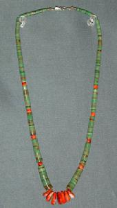 Polished Turquoise w/7 Red Coral Tabs & Coral Beads 22"